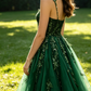 Green Straps A-Line V Neck Tulle Appliques Long Party Dress Formal Evening Gown, D426