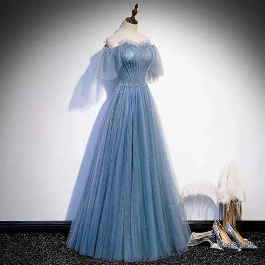 Shiny Blue Off Shoulder Beading Tulle Formal Evening Gown Prom Dress MD7177