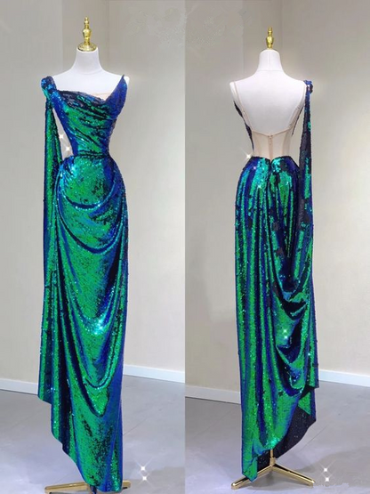 New Arrivals Green Straps Sequins Sheath Long Formal Prom Dress MD7364