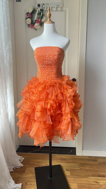 Pretty Homecoming Dress Strapless Tulle Cascade Beaded Back to School Outfits Party Dress  D6457