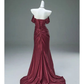 Burgundy Off Shoulder Mermaid Satin Long Formal Evening Party Dresses, D847