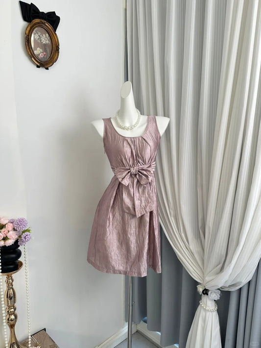 New Homecoming Dress Jewel Pleated Bowknot Back to School Outfits Party Dress D6945