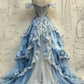 Blue Off Shoulder A-Line Tiered Beading Long Party Dress Formal Evening Gown, D427