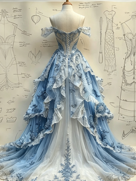 Blue Off Shoulder A-Line Tiered Beading Long Party Dress Formal Evening Gown, D427