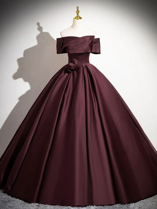 Dark Burgundy Satin Elegant A-Line Off Shoulder Evening Gown Formal Party Dress MD7178