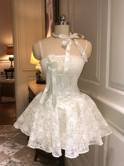 New Homecoming Dress Spaghetti Strap Flower Lace Dress Back to School Outfits Party Dress  D6399