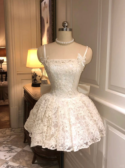 Elegant Homecoming Dress Spaghetti Strap Lace Pearl Bowknot Dress Back to School Outfits Party Dress  D6397