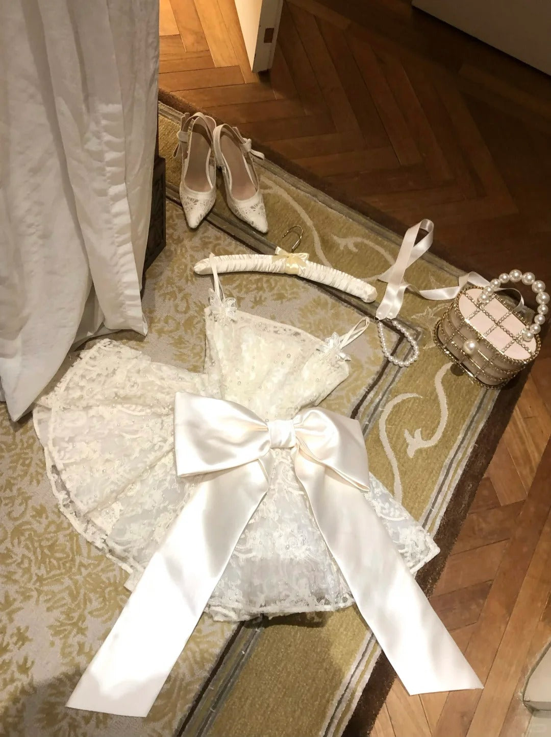 Elegant Homecoming Dress Spaghetti Strap Lace Pearl Bowknot Dress Back to School Outfits Party Dress  D6397