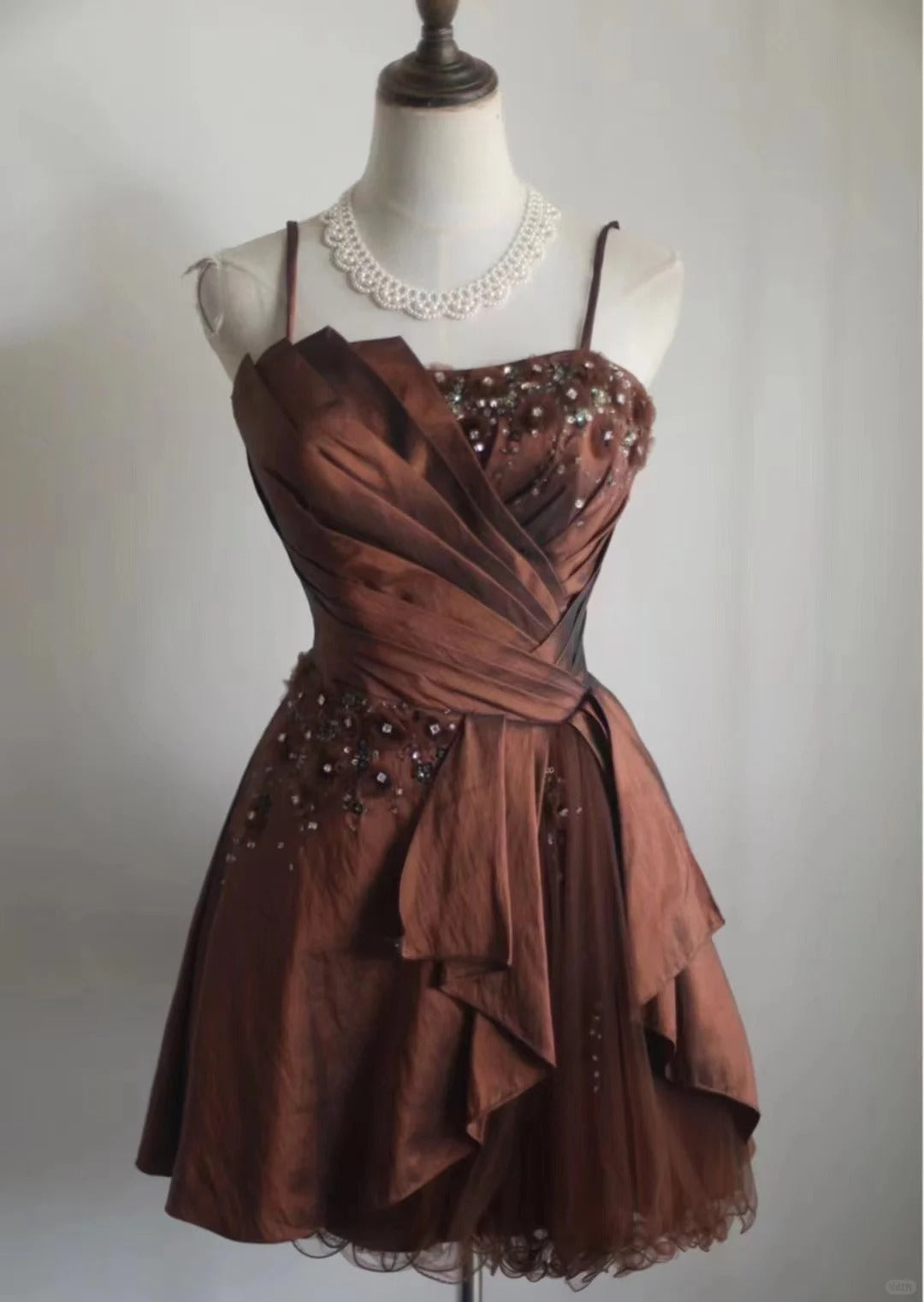 Vintage Brown Beading Design A-line Spaghetti Strap Party Dresses Homecoming Dresses, D1349