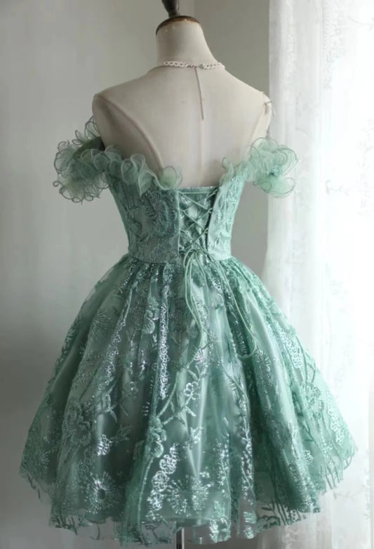 Vintage Green Appliqued Design A-line Off-the-shoulder Party Dresses Homecoming Dresses, D1348