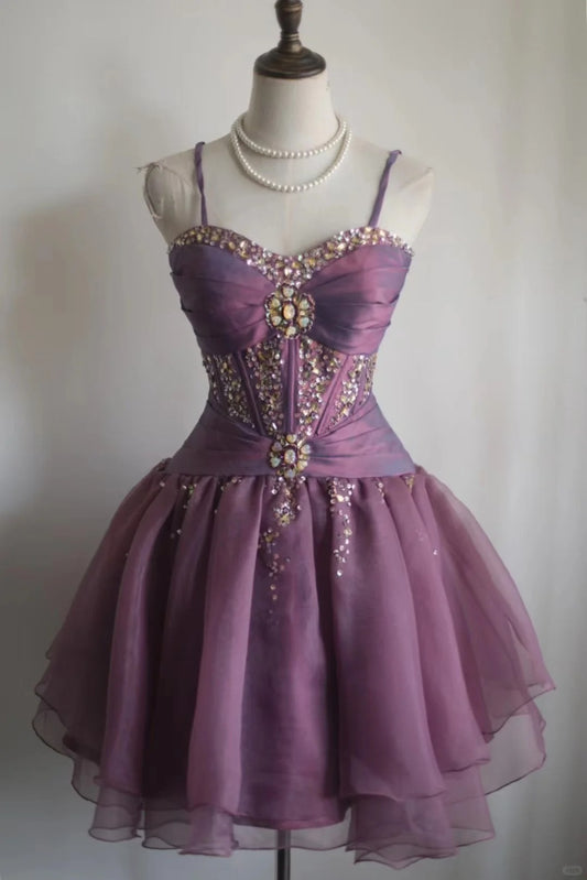 Retro Purple Beading Design A-line Tulle Spaghetti Strap Party Dresses Homecoming Dresses, D1350