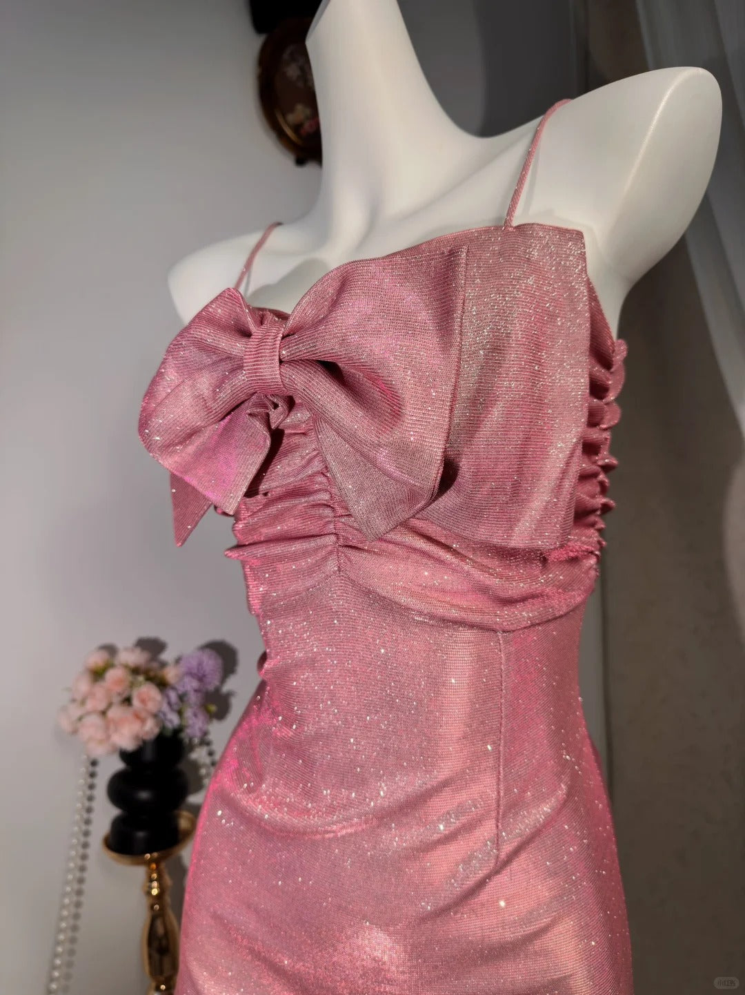 New Homecoming Dress Spaghetti Strap Bowknot Sequins Pleated Back to School Outfits Party Dress D6902