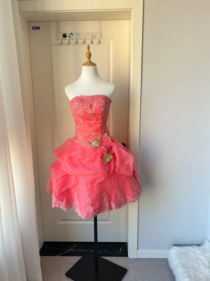 Stunning Homecoming Dress Strapless Apllique Cascade Flower Back to School Outfits Party Dress  D6482