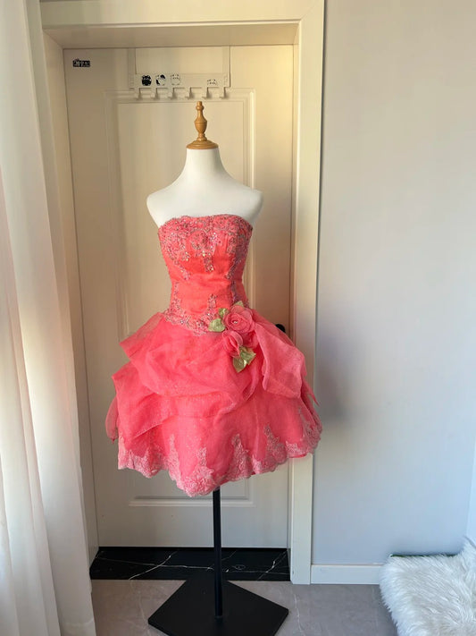 Stunning Homecoming Dress Strapless Apllique Cascade Flower Back to School Outfits Party Dress  D6482