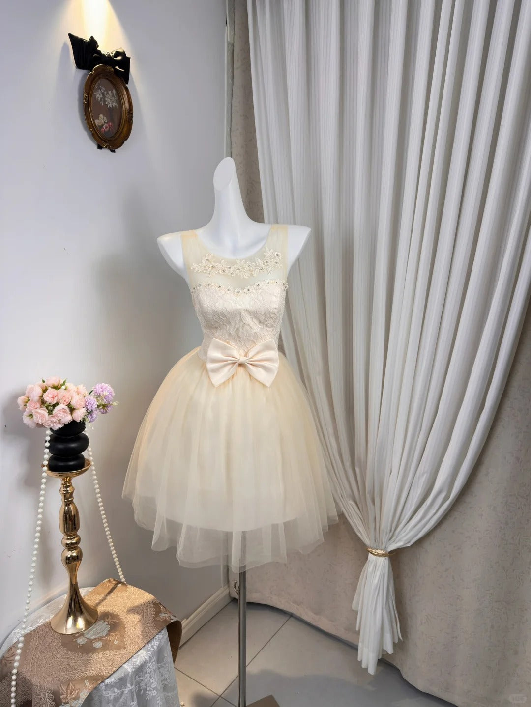 New Homecoming Dress Sheer Sharp Tulle Bowknot Rinestone Back to School Outfits Party Dress D6912