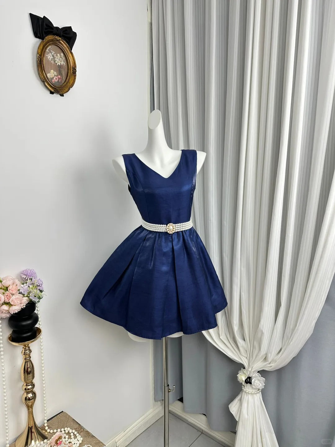 New Homecoming Dress V Neck Pearl Pleated Back to School Outfits Party Dress D6941
