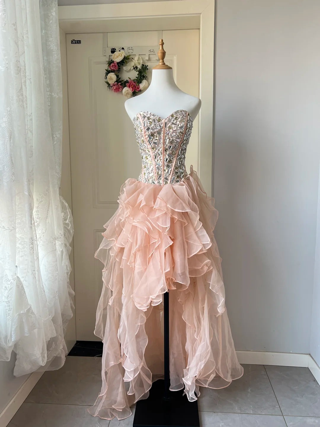 New Homecoming Dress Sweetheart Tulle Cascade Rinestone Hi-Lo Back to School Outfits Party Dress  D6475
