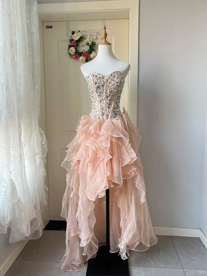 New Homecoming Dress Sweetheart Tulle Cascade Rinestone Hi-Lo Back to School Outfits Party Dress  D6475