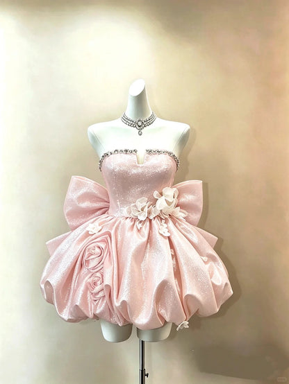 New Homecoming Dress Strapless Rinestone Sequins Flower Bowknot Back to School Outfits Party Dress Birthday Dress D7536