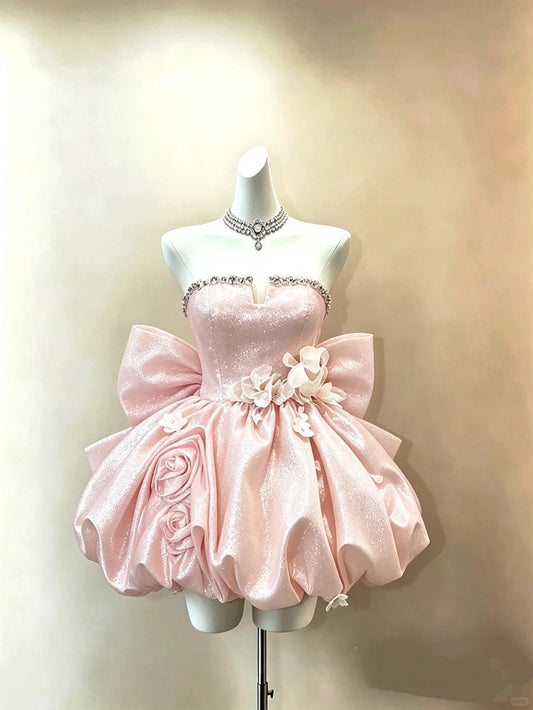 New Homecoming Dress Strapless Rinestone Sequins Flower Bowknot Back to School Outfits Party Dress Birthday Dress D7536