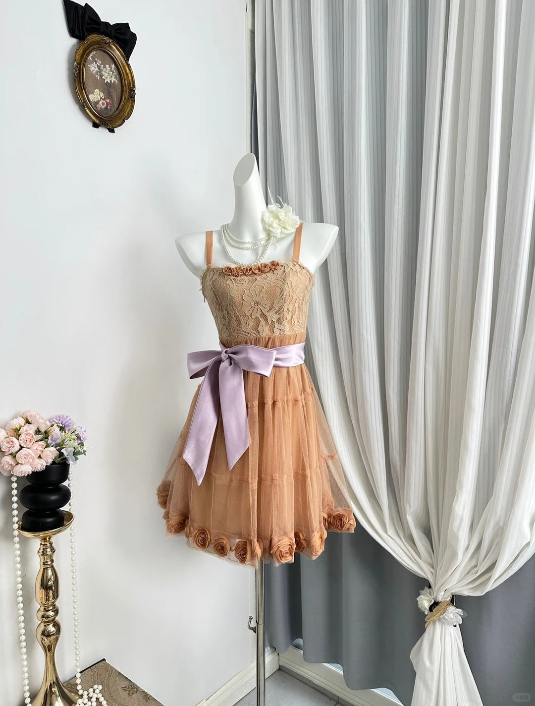 New Homecoming Dress Spaghetti Strap Flower Bowknot Back to School Outfits Party Dress D6939