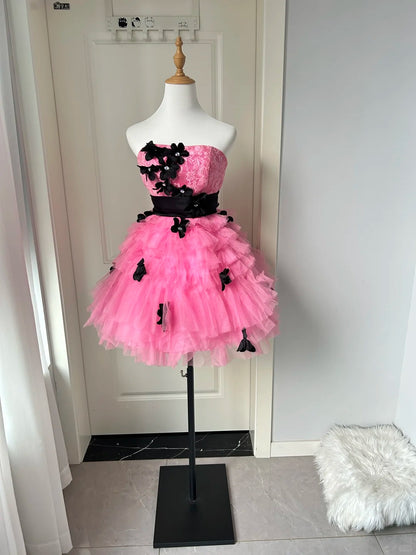 Pretty Homecoming Dress Strapless Flower Tulle Cascade Back to School Outfits Party Dress  D6479