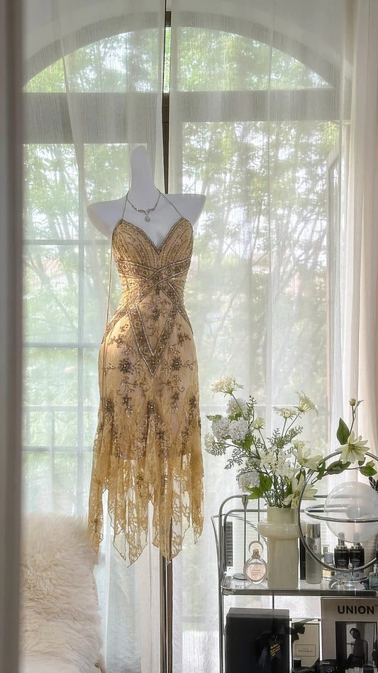 Vintage Sequin Appliques Spaghetti Strap A-line V-neck Irregular Hem Party Dresses Homecoming Dresses, D1330
