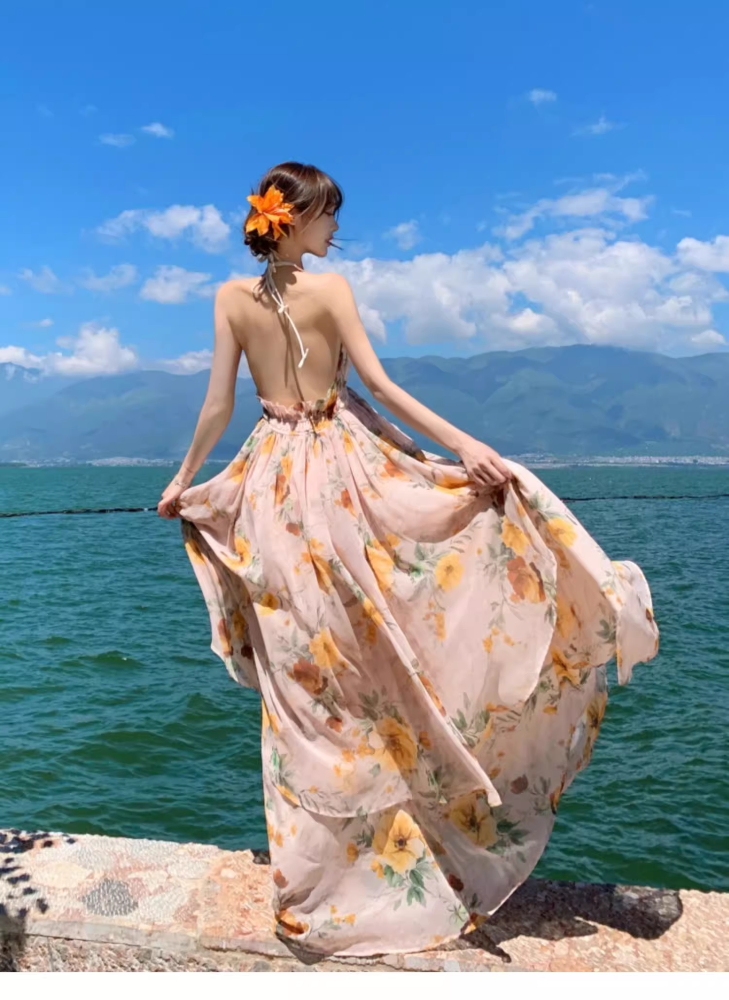 New Fashion Floral V-neck Design Elegant Beach Holiday A-line Sleeveless Halter Dress Summer Dress, D1723