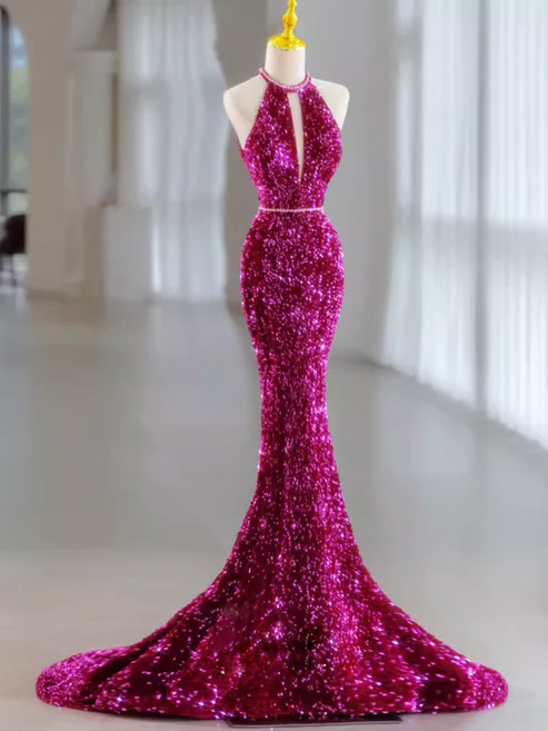 Elegant Fuchsia Halter Sequins Mermaid Long Evening Party Dress MD7494