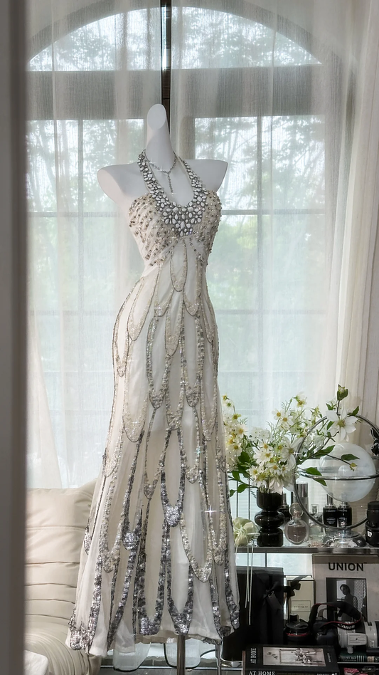 Vintage White Beaded Sparkling Long Chiffon Spaghetti Strap Romantic Ball Gown Evening Dress Prom Dresses D1500