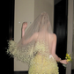 Fashion Yellow Sequined Strapless A-Line Veil Design Tulle Party Dress Homecoming Dress D1712