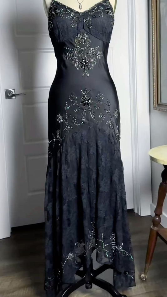 Black Straps Mermaid Beading Lace Vintage Long Evening Party Dresses, D866