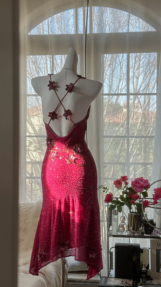 Vintage Shiny Sequin Rose Red Backless Design A-line Romantic Chiffon Evening Dress Prom Dress D1506