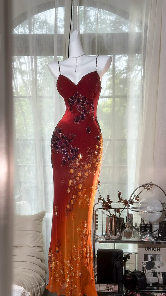 Vintage Beaded Sparkling Long Chiffon Spaghetti Strap Luxury Ball Gown Evening Dress Prom Dresses D1499