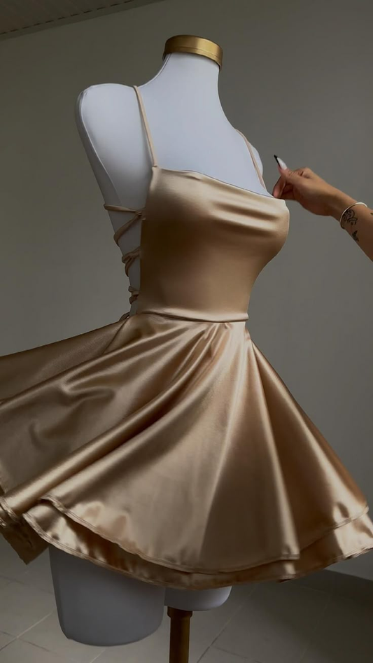 Lovely Gold Straps A-Line Satin Short Party Dress Homecoming Dress MD7467