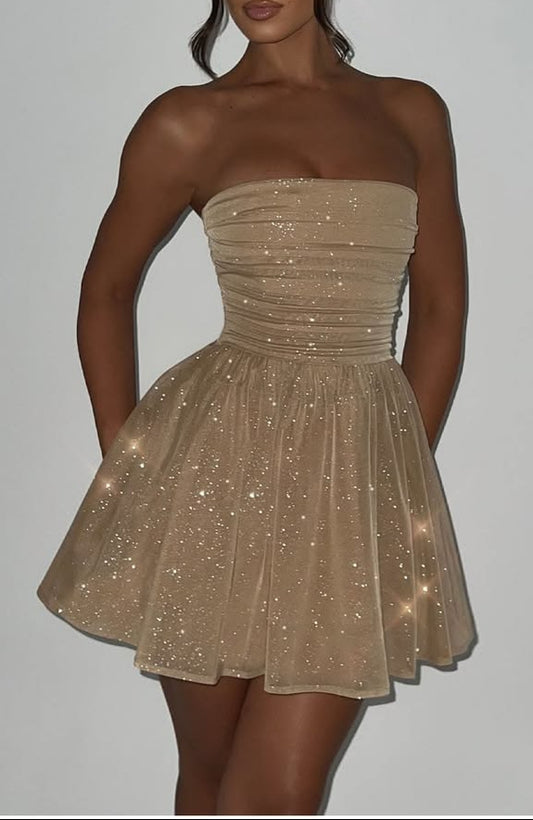 Stunning Homecoming Dress Strapless Sequins Pleated Back to School Outfits Party Dress D6813