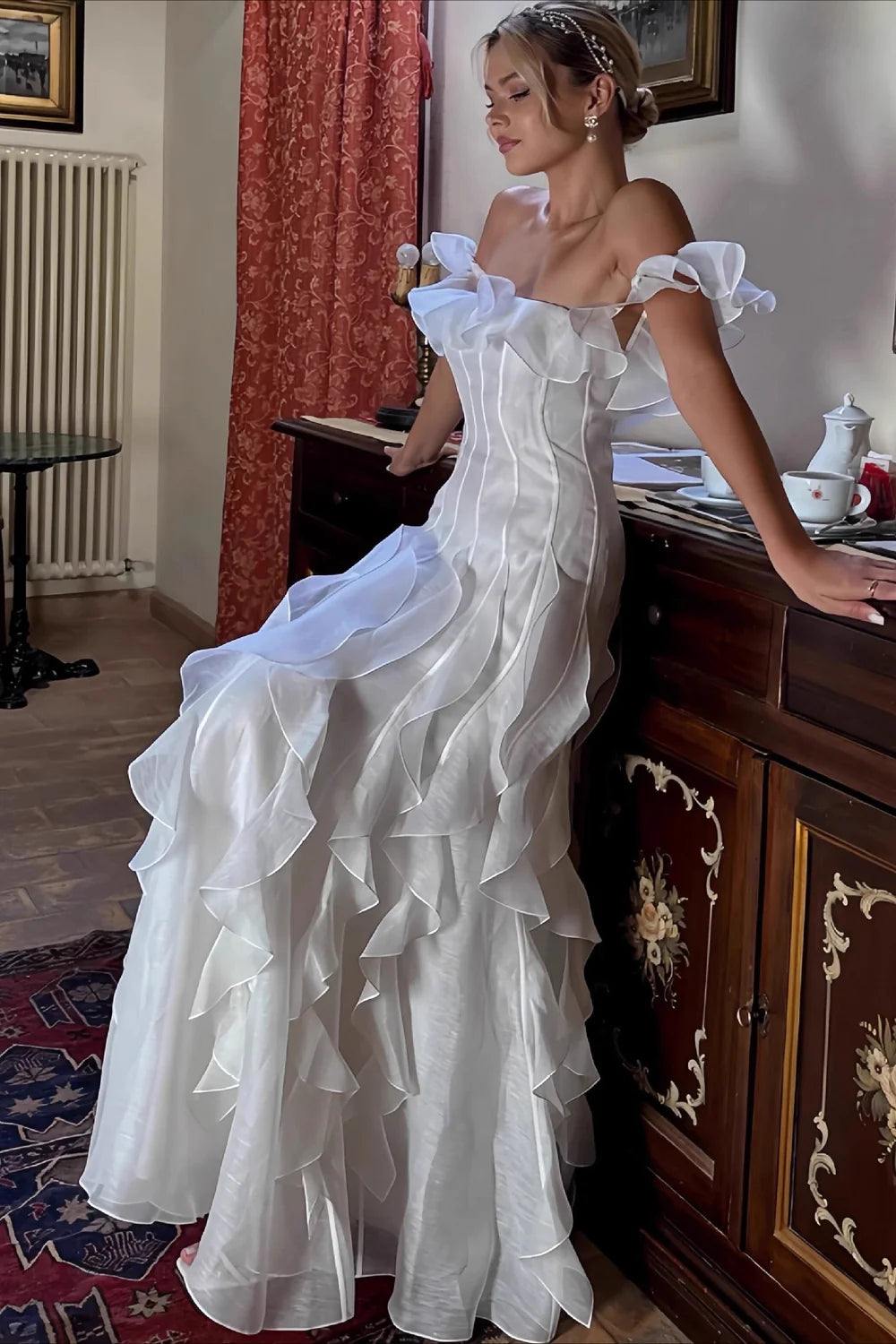 Elegant Wedding Dress Off the Shoulder Pleated Flouncing A Line Cascade Wedding Dress Prom Dress D7232