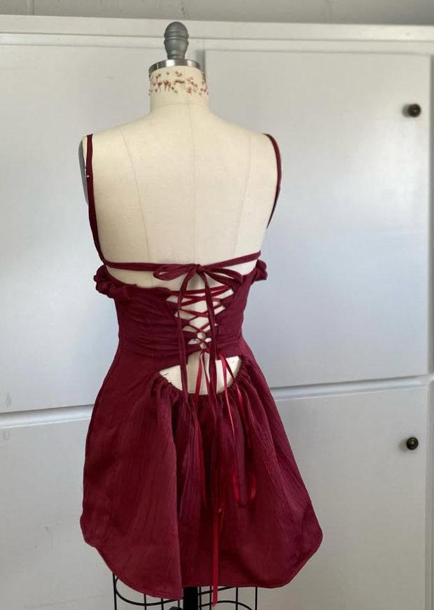 Vintage Burgundy Spaghetti Strap A-line Lace-up Short Party Dresses Homecoming Dresses, D1326