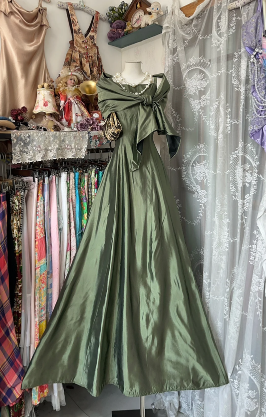 Vintage Green Satin Shawl Design Elegant A-Line Long Evening Dress Prom Dresses D1679