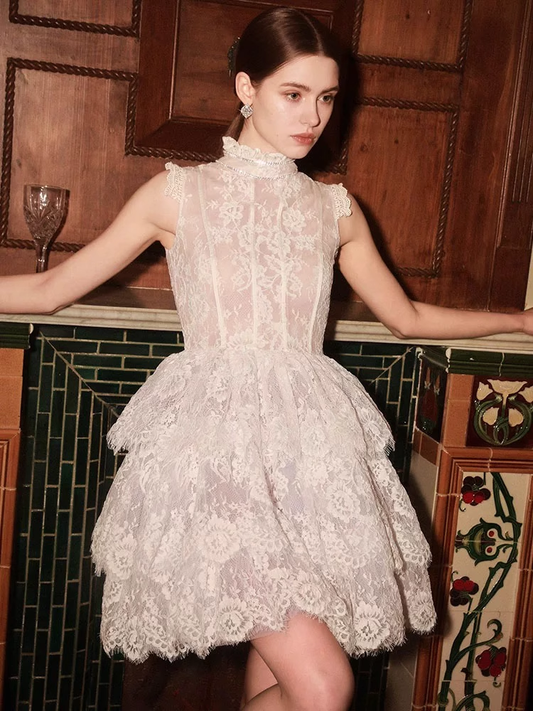 Vintage Beige Applique Design A-line Lace Short Tiered Party Dress Homecoming Dresses D1449