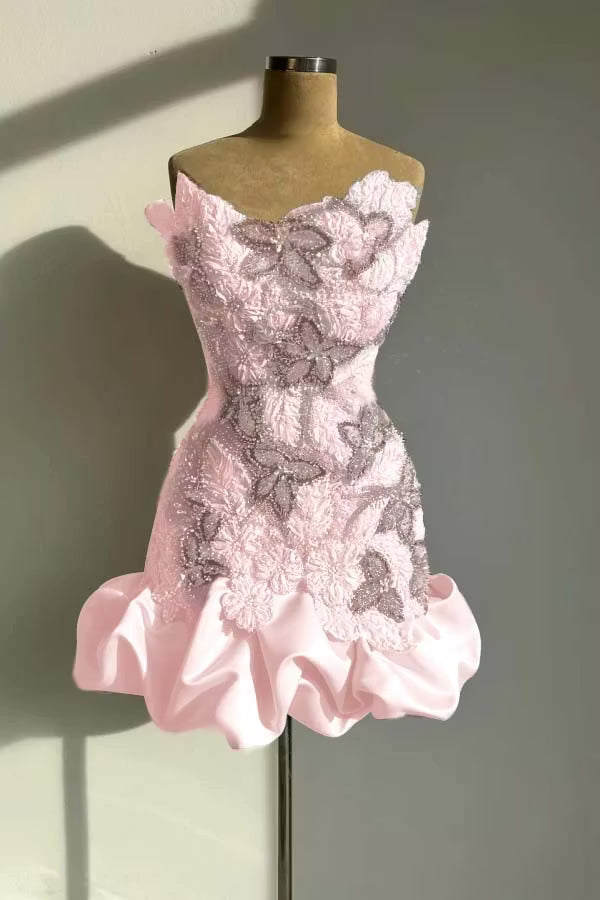 Chic Homecoming Dress Strapless Pleaed Beading Flower Rinestone Back to School Outfits Party Dress  D7400