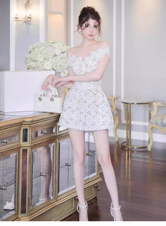 Cute White Appliqued Off-the-shoulder Design A-line Party Dress Homecoming Dress, D1379