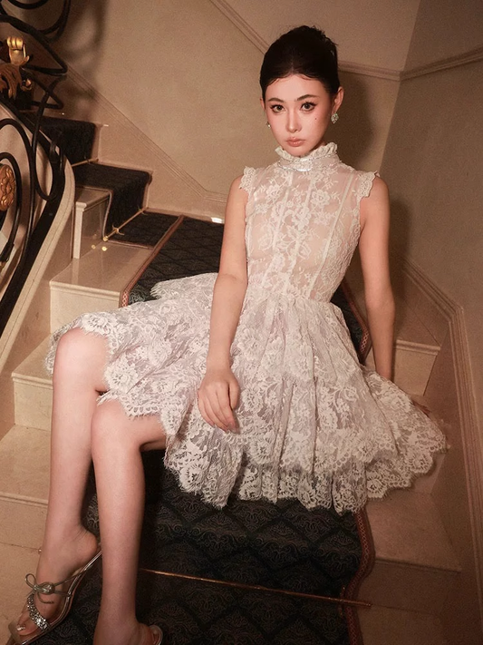 Vintage Beige Applique Design A-line Lace Short Tiered Party Dress Homecoming Dresses D1449