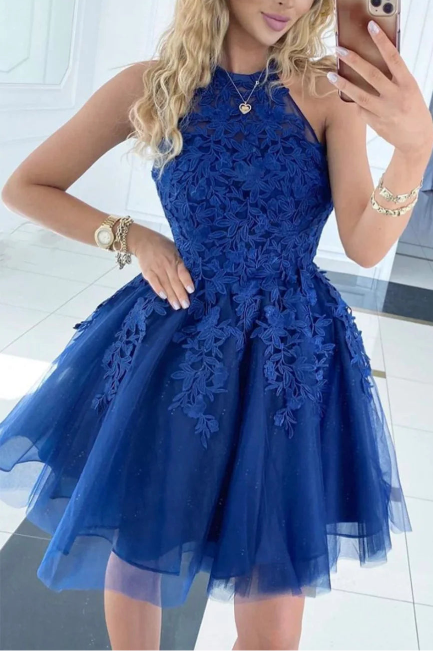 Elegant Homecoming Dress Halter Lace Flowers Short Prom Dress Back to School Outfits Party Dress  D6099