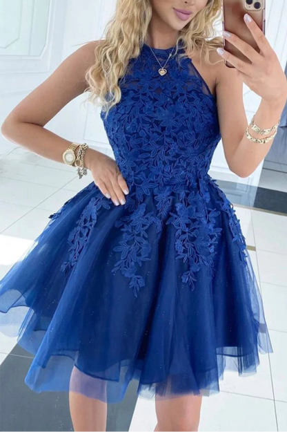Elegant Homecoming Dress Halter Lace Flowers Short Prom Dress Back to School Outfits Party Dress  D6099