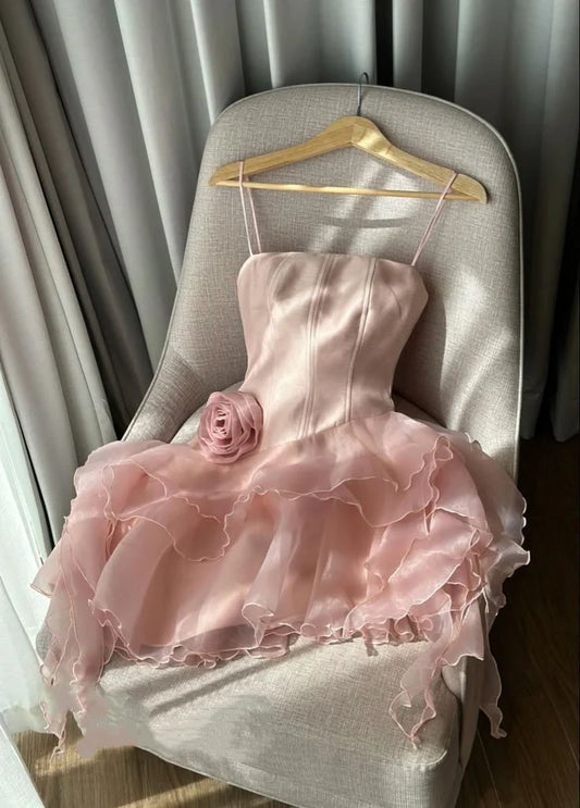 Cute Pink Spaghetti Strap 3D Flower Ruffle Design A-line Chiffon Satin Party Dress Homecoming Dress D1573