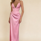 2026 Sexy Pink Prom Dress Satin V-neck Evening Dress Gala Gown Birthday Outfits,MD7126