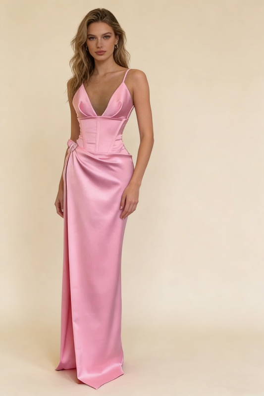 2026 Sexy Pink Prom Dress Satin V-neck Evening Dress Gala Gown Birthday Outfits,MD7126