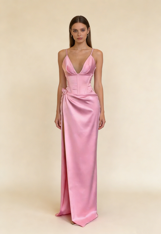 2026 Sexy Pink Prom Dress Satin V-neck Evening Dress Gala Gown Birthday Outfits,MD7126