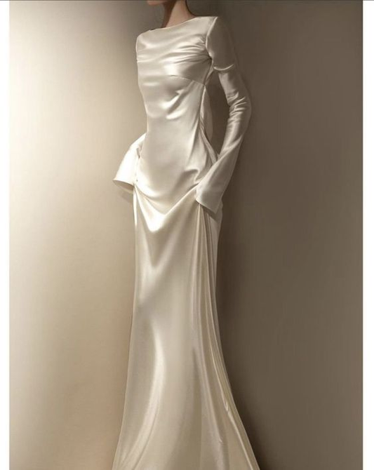 Elegant Ivory Long Sleeves Sheath Satin Long Formal Party Dress MD7575